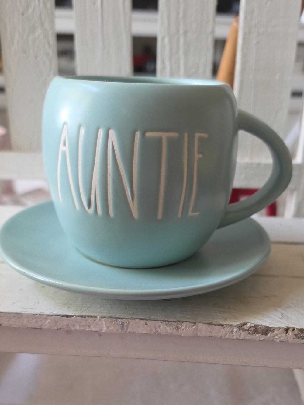 Rae Dunn Auntie Mug and Saucer - Light Turquoise